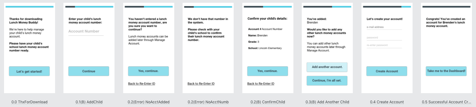 2nd version of onboarding wireframes.